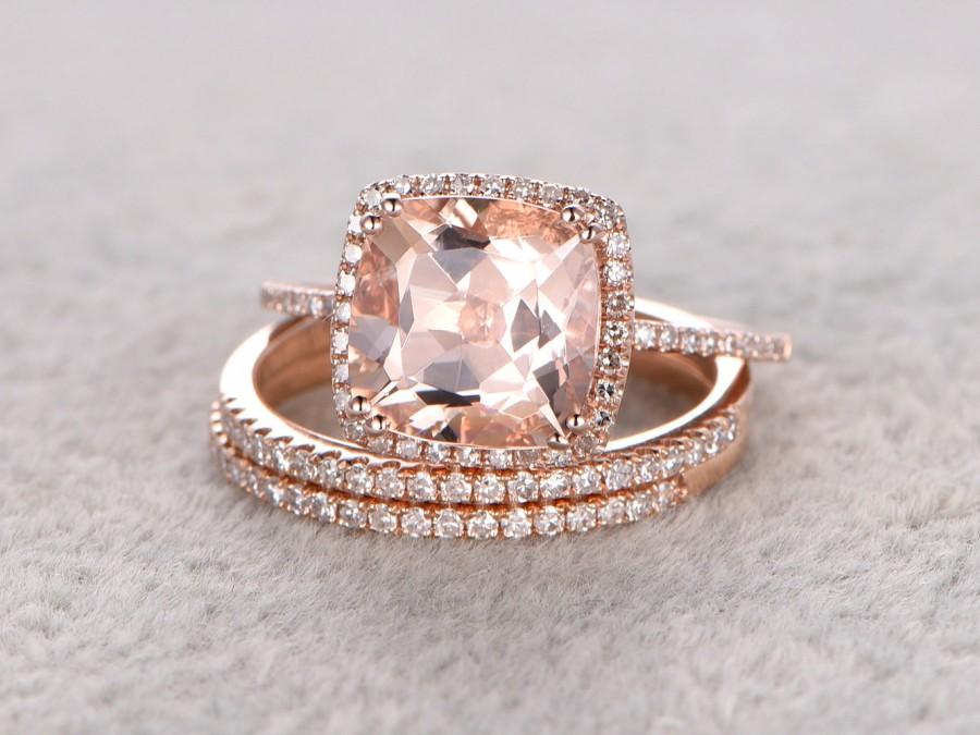 Hochzeit - 3pc 9x9mm Morganite Engagement ring set,Rose gold,Thin pave Diamond wedding band,14k,Cushion Gemstone Promise Bridal Ring,8 ball Prongs Set