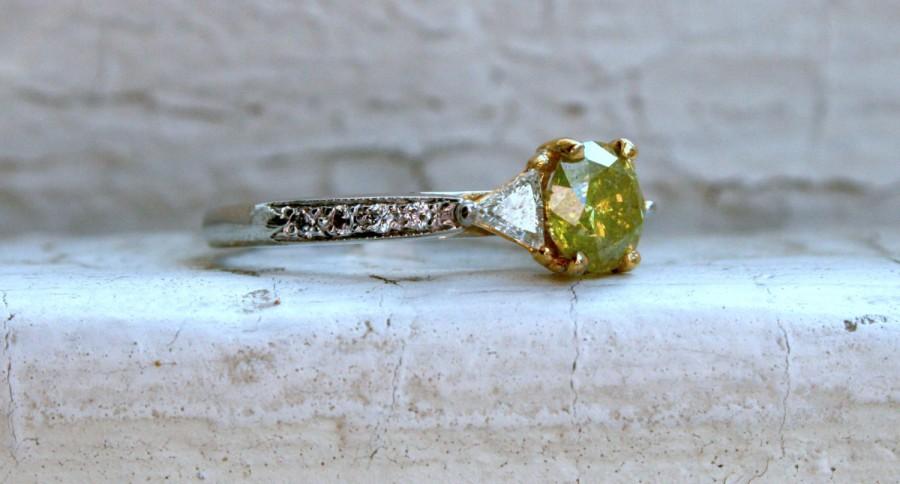 Hochzeit - Beautiful Vintage Platinum Fancy Yellow Diamond and Diamond Engagement Ring - 1.51ct.