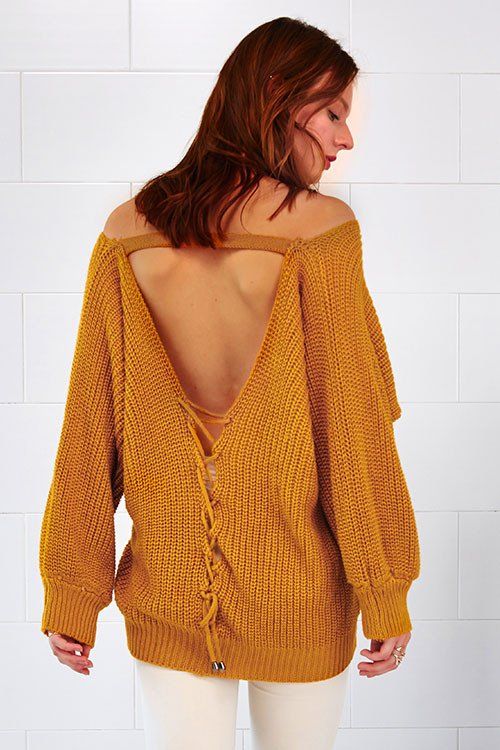 زفاف - Open Back Lace Up Knitting Sweater