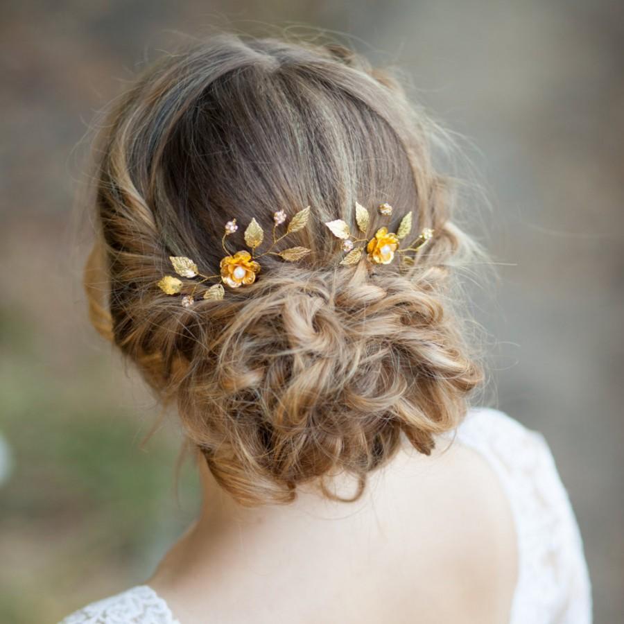 Mariage - Gold flowers wedding hair pins Flower bridal hair pins Gold wedding headpiece Gold bridal headpiece Gold wedding hair accessory