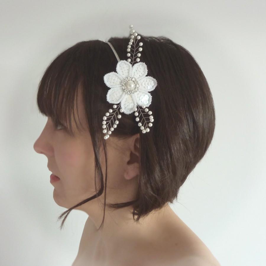 Mariage - White Bridal Headband - Pearl Flower Hair Accessories - White Pearl Wedding Accessories - Pearl and Crystal Fascinator - Bride