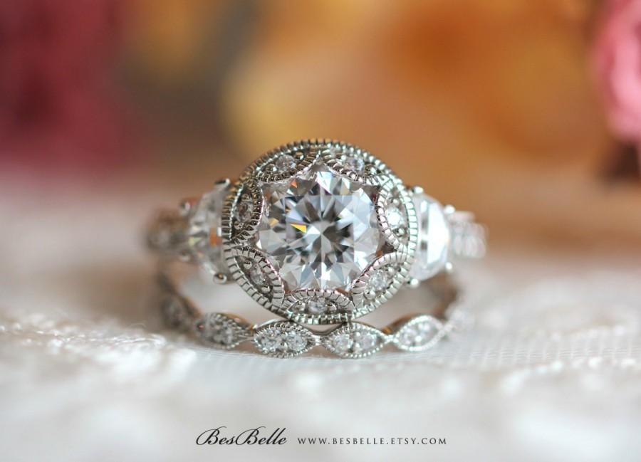 زفاف - Art Deco Bridal Set Ring-Brilliant Cut Diamond Simulants-Art Deco Engagement Ring-Wedding Ring-Promise Ring-Solid Sterling Silver [61971-2]
