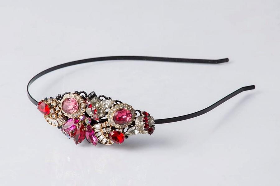 Wedding - Old Hollywood Glamour Side Tiara - Vintage Headband - Garnet Red and Pink - Bridal Headband - Vintage Jewelry Collection Headband