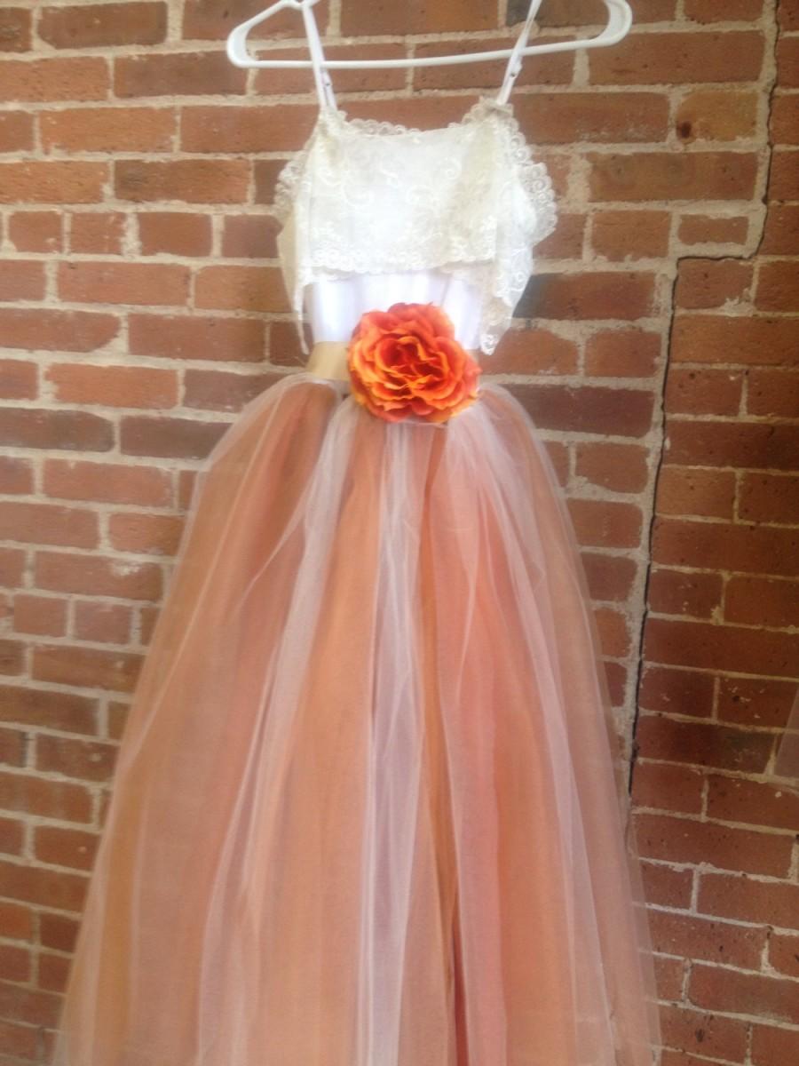 Hochzeit - Burnt Orange Tulle Gown With Lace Collar Junior Bridesmaid Dress