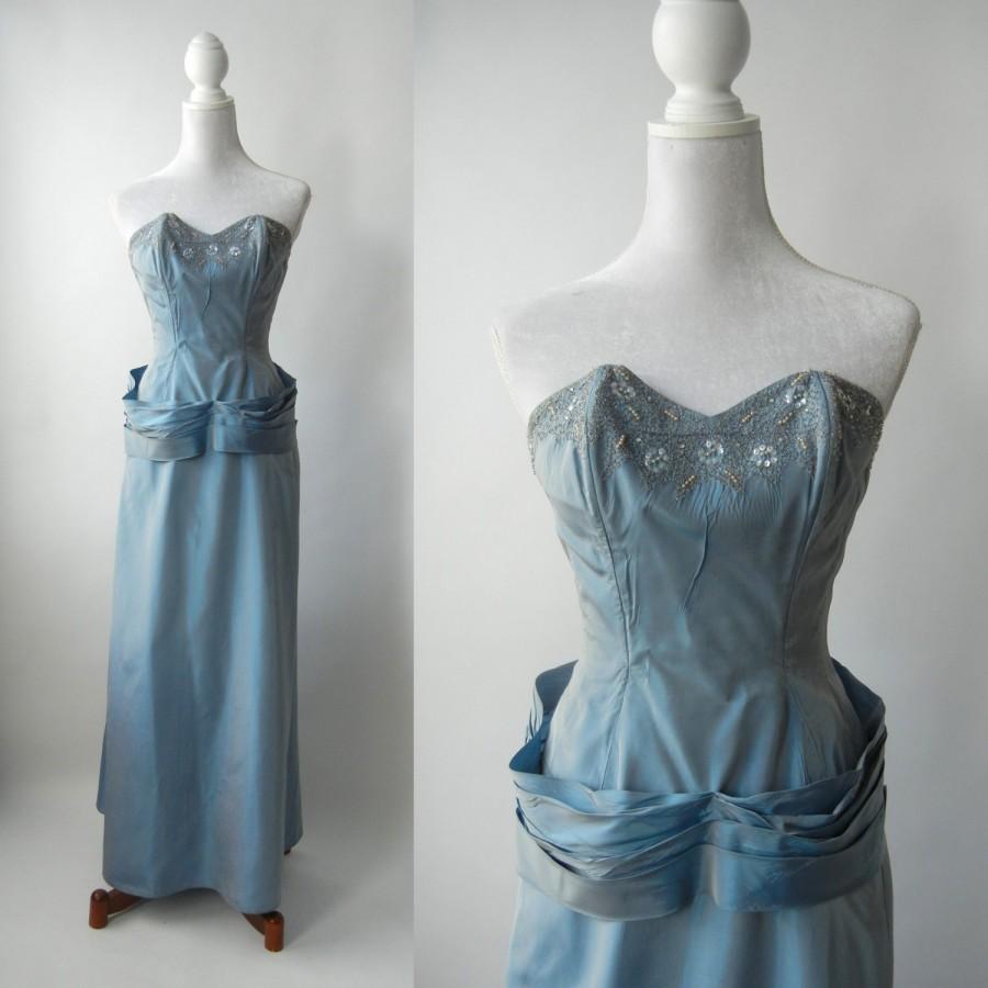 زفاف - Vintage 50s Dress, 1950 Strapless Gown, Vintage Blue Dress, 50s Beaded Gown, Helen Nash, Vintage Wedding Gown, Retro 50s Prom Gown