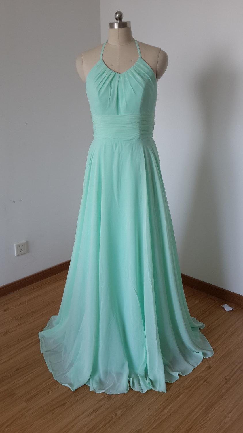 زفاف - 2015 Halter Mint Chiffon Long Bridesmaid Dress
