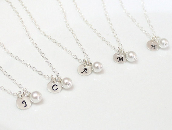 Hochzeit - Set Of 2.3.4.5.6.7.8. Initial Pearl Necklace, Sterling Silver Initial Necklace, Initial Charm, Pearl Charm Necklace, Bridal Party Gift