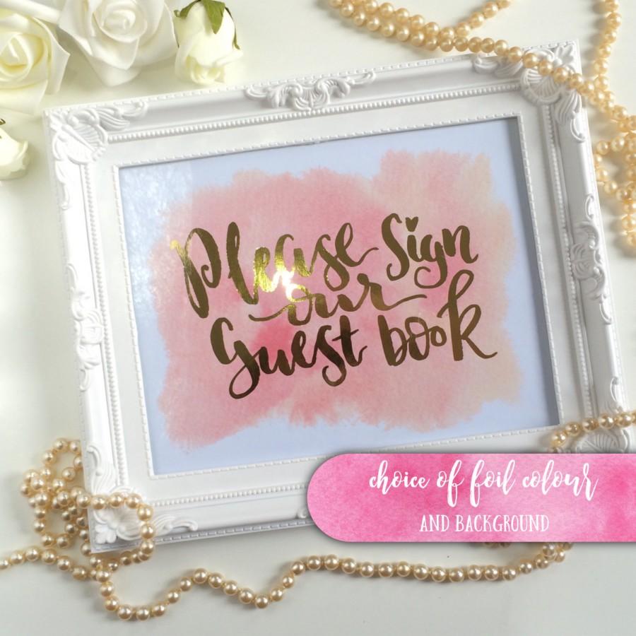 زفاف - Foiled Wedding Guestbook Sign, gold, silver, rose gold, pink Foiled Wedding Signage 10 x 8" Watercolour, blush coral Emillie style