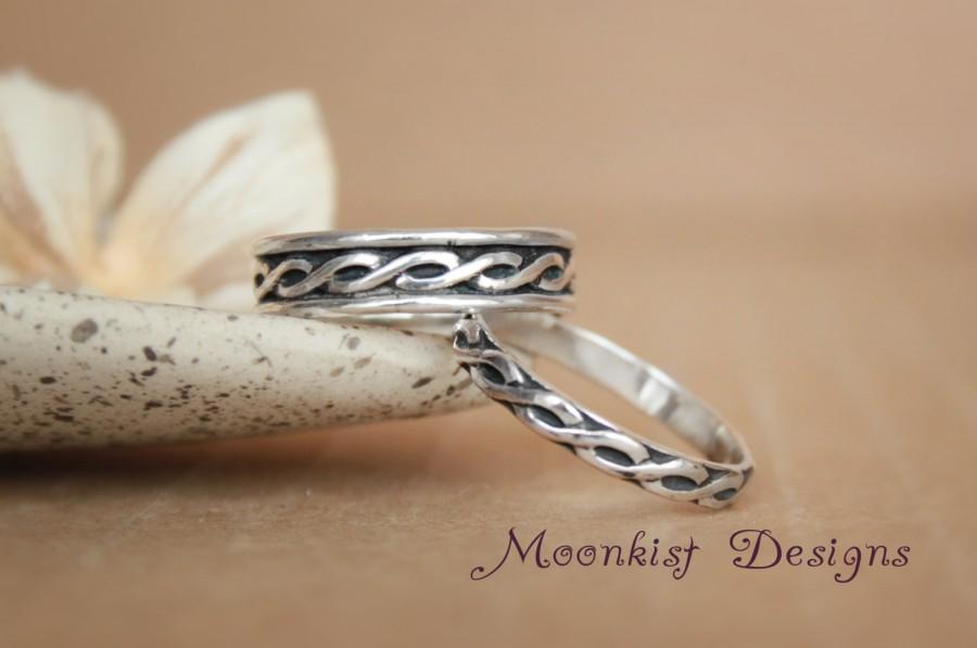 Wedding - Narrow and Wide Celtic Endless Knot Pattern Wedding Band Set in Sterling Silver - Commitment Band Set - Promise Band Set