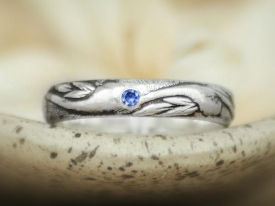 Wedding - Classic Art Nouveau Wedding Band With Inset Blue Sapphire In Sterling -  Silver Men's Engagement Ring - Unisex Wedding Ring - Pattern Band