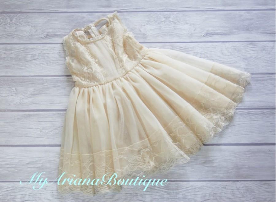 Mariage - champagne flower girl dress, french lace dress, girl dress, baby dress, baptism dress