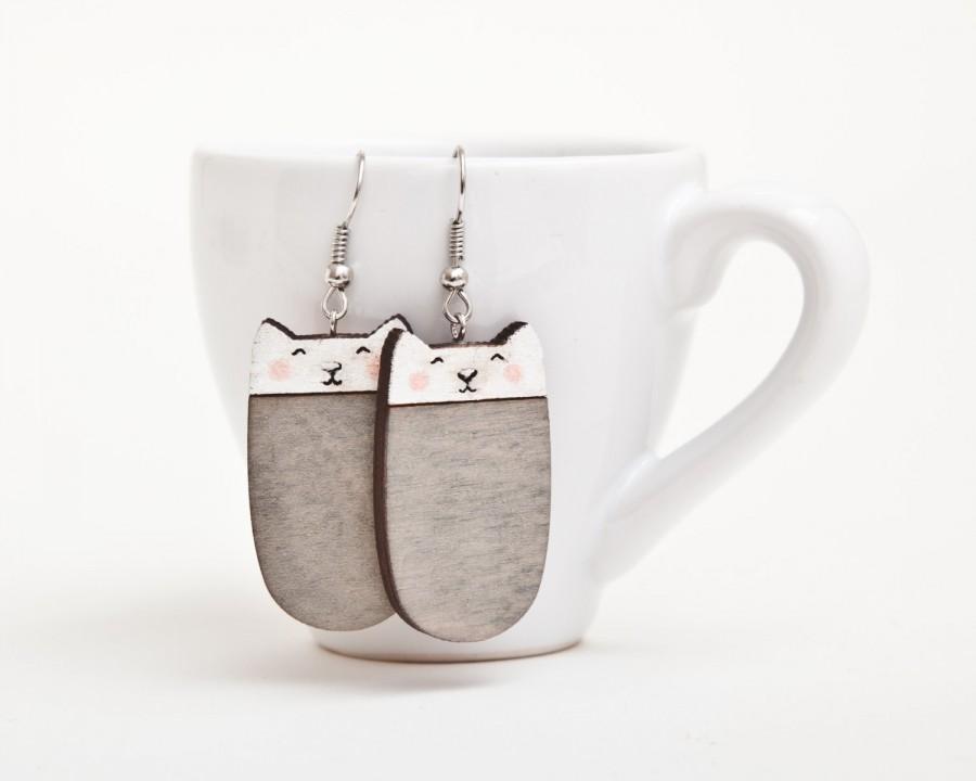 Wedding - Cat earrings Gray Drop Earrings Nickel free dangling jewellery Wooden earrings Funny earrings Valentine's Day Gift