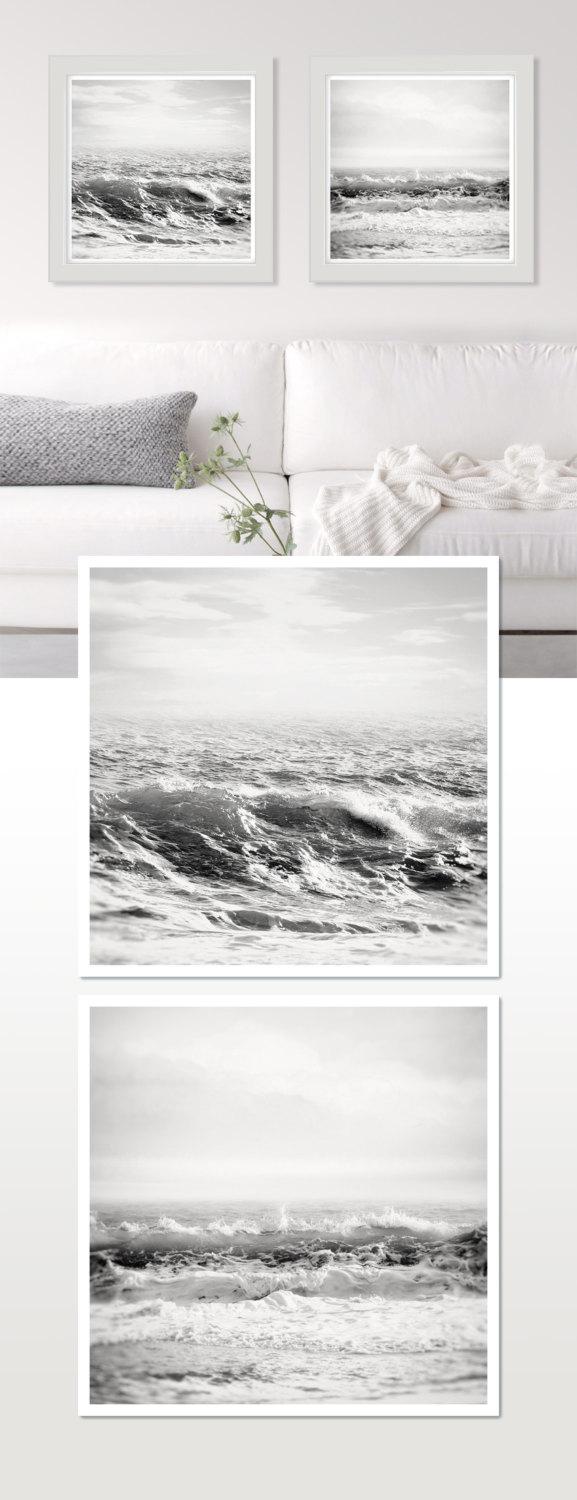زفاف - White wall art, Sea print, black and white ocean photography, surf art, set of 2 square prints, minimalist coastal decor, grey silver art
