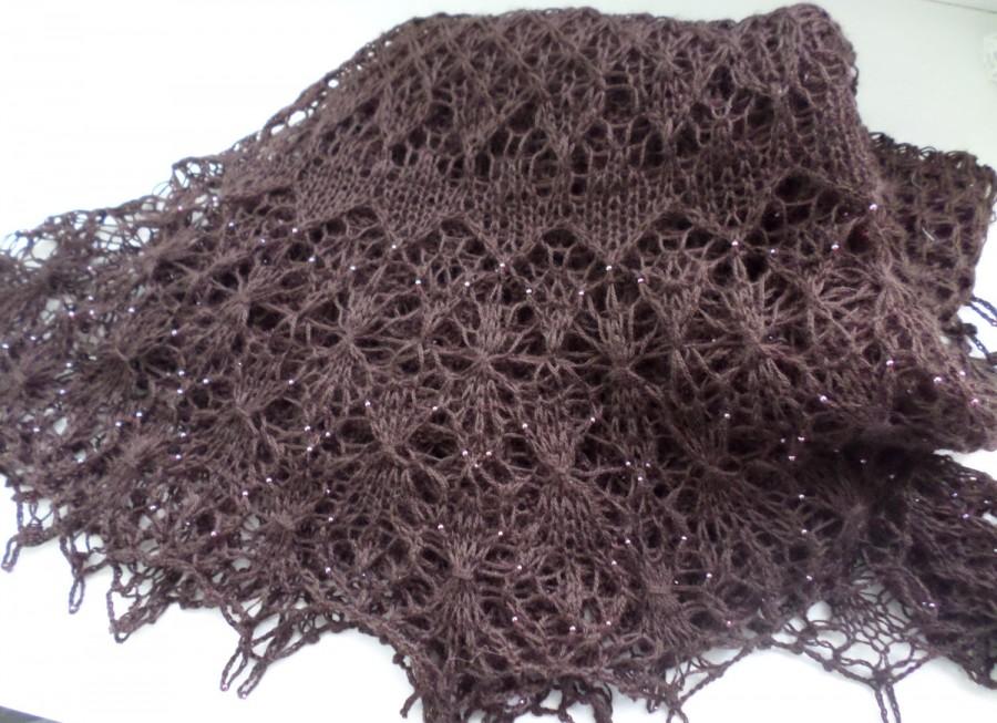 Mariage - brown handknit shawl beaded shawls handmade wraps dark chocolate shawl beaded wrap winter shawl gift for her shawl merino wool knitted lace