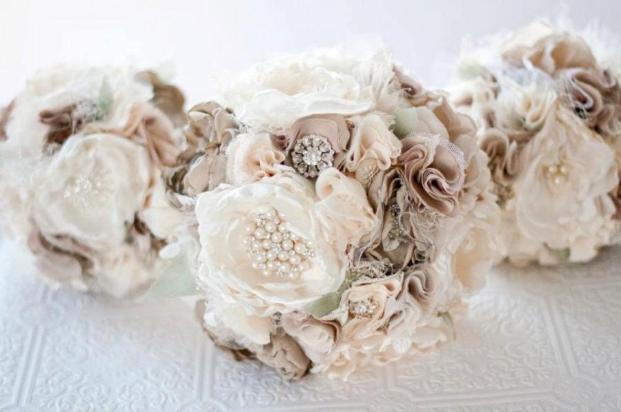Hochzeit - Fabric Bouquet, Silk Flower Wedding Bouquet, Fabric Brooch Bouquet bridal rhinestone and pearl brooches, silk flowers, taupe tan broaches