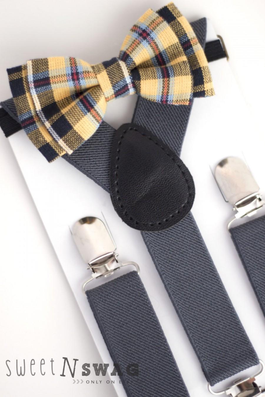 زفاف - SUSPENDER & BOWTIE SET.  Newborn - Adult sizes. Dark Grey / Gray Suspenders. Yellow / Navy Plaid bowtie.