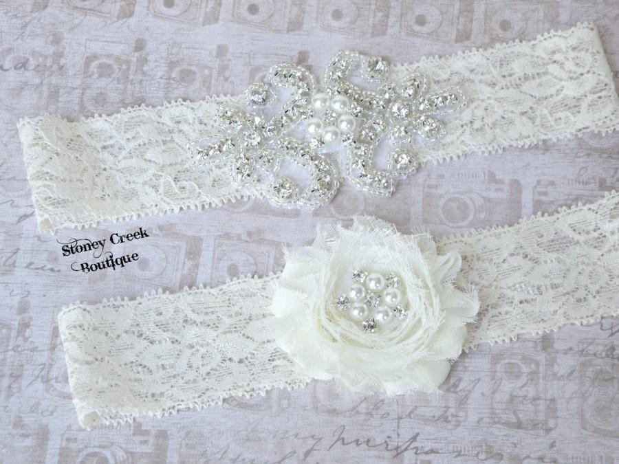 Hochzeit - Wedding Bridal Garter - Ivory Lace Garter Set, Rhinestone Garter Set, Vintage Garter Set, Toss Garter, Keepsake Garter, Beaded Floral Flower