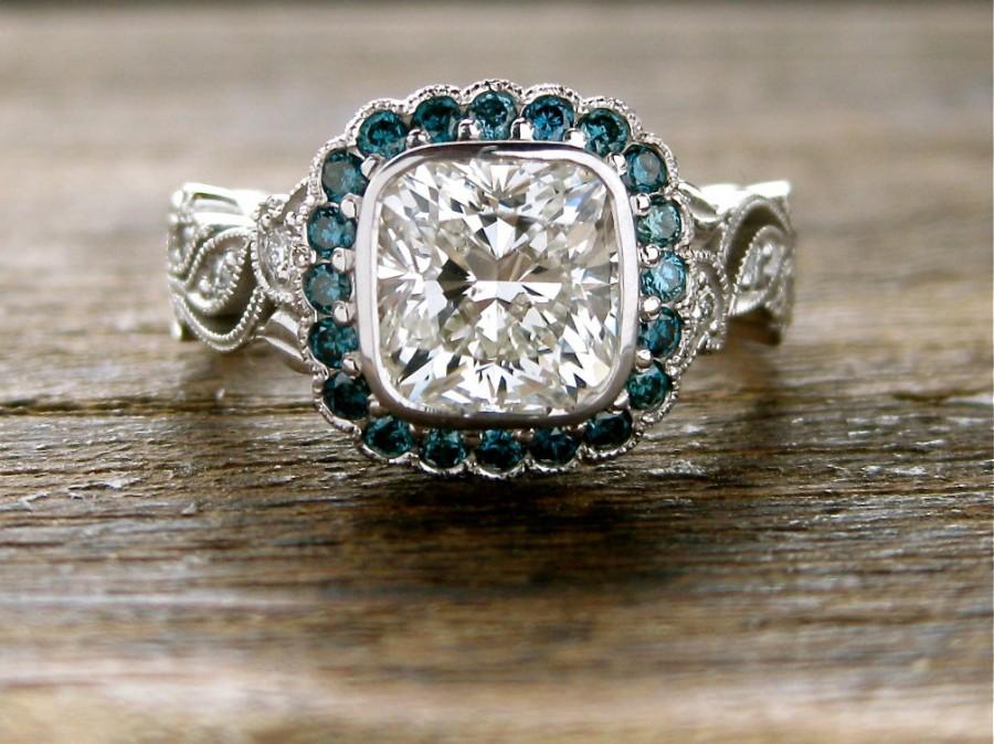 زفاف - Cushion Cut Diamond Engagement Ring in 14K White Gold with Teal Blue Diamonds in Flowers & Leafs on Vine Setting Size 5