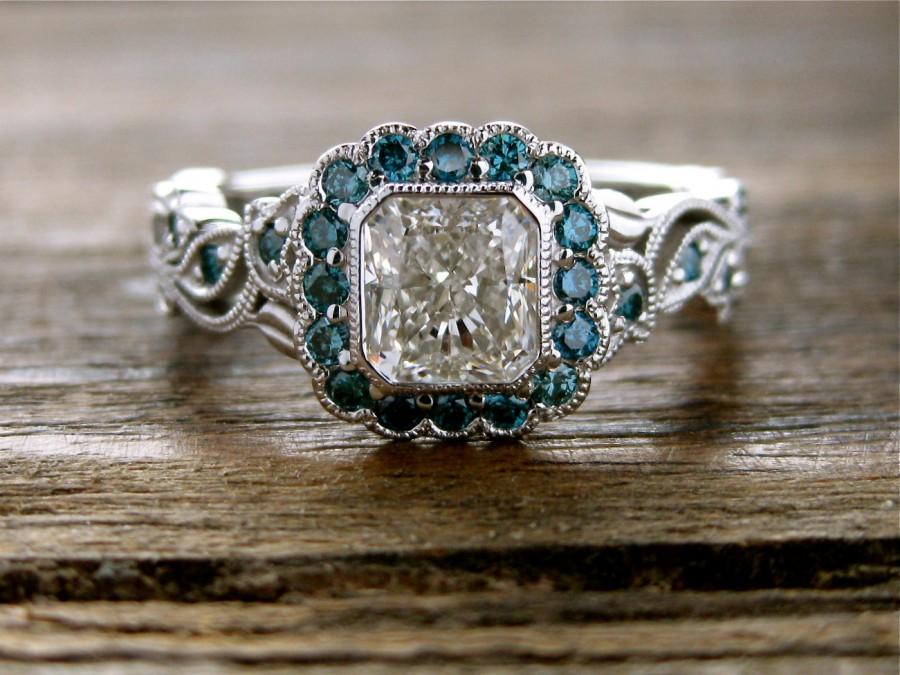 زفاف - Radiant Cut Diamond Engagement Ring in 14K White Gold with Teal Blue Diamonds in Flowers & Leafs on Vine Motif Size 8