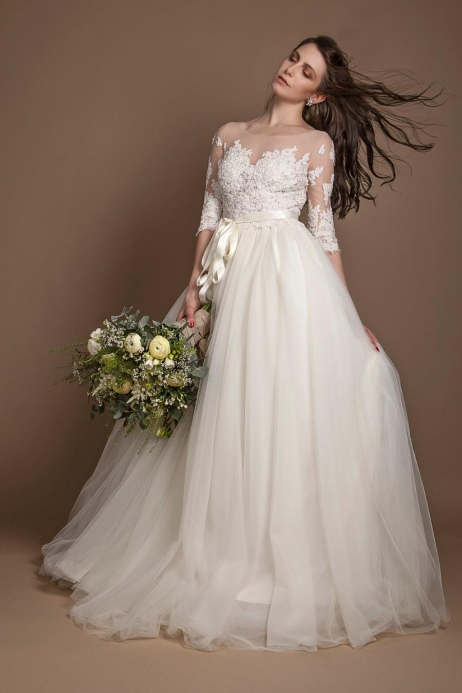 Hochzeit - Ivory beaded illusion wedding dress, beaded lace wedding gown, lace and tulle wedding gown, destination wedding dress, sleeve wedding dress