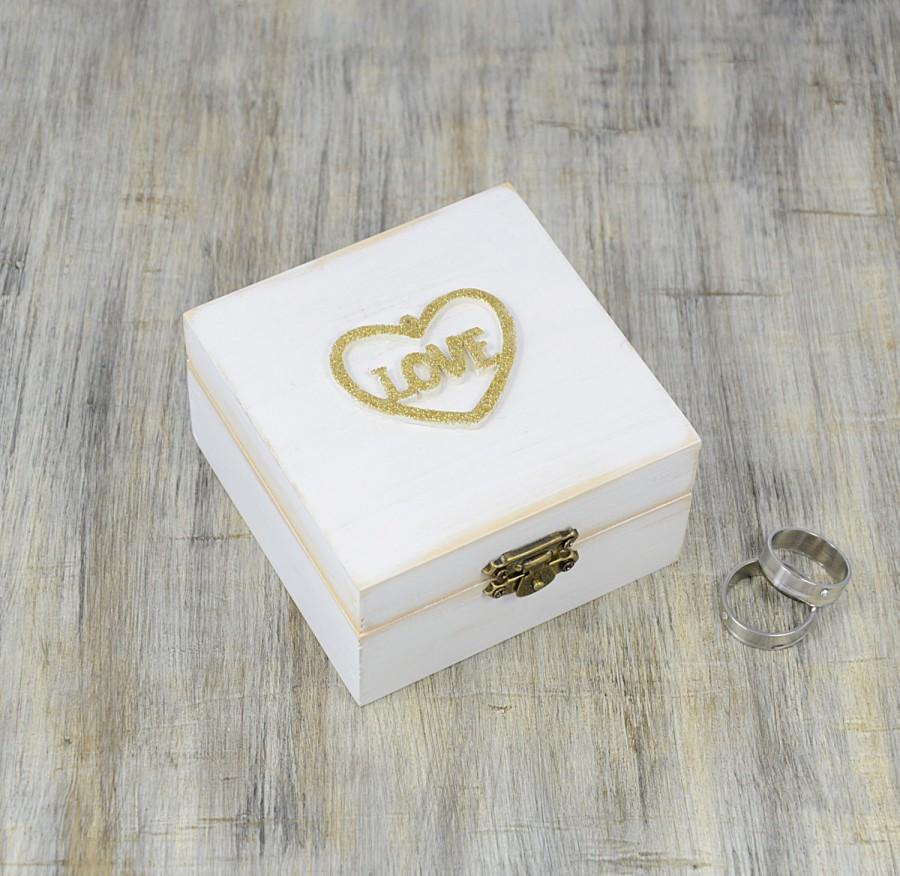 Hochzeit - White Gold Ring Bearer Box , Love Wedding Ring Box, Pillow Alternative, Distressed Wooden ring Box wedding, gold heart, ring bearer pillow