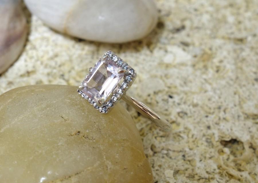 زفاف - Delicate Rose Gold Engagement Ring with Morganite Unique Rose Gold Diamond Alternative Promise Ring, Commitment Ring Halo Ring