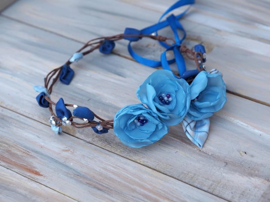 زفاف - Blue Flower Crown, Blue Bridal Headband, Blue Wedding Head Piece, Fairy Wedding Headdress, Something Blue Crown