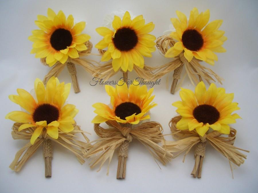 Hochzeit - Sunflower Wedding Boutonnieres, Groomsmen Lapel Bloom, Rustic Buttonhole Flower with Burlap