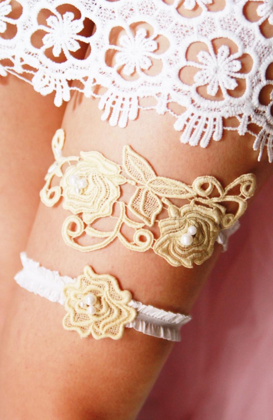 Hochzeit - Wedding Garter Set Bridal Garter - Rustic Boho Bridal Keepsake Garter Toss Garter - Champagne Gold Rose Flower Lace Garter Garters