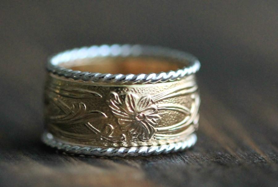 زفاف - Art Nouveau Ring 14K Gold Filled Band & Two Twisted Silver Stackable Rings w Secret Message- Promise Ring Set