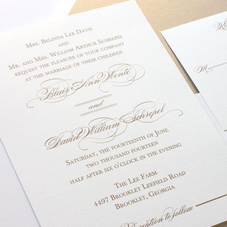 Свадьба - Gold Wedding Invitation, Elegant Script Calligraphy Wedding Invitation  - Sample Package, Thermography Printing (Free Shipping)