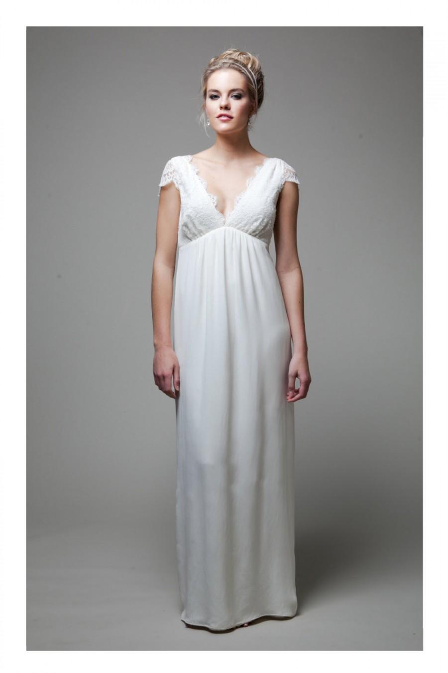 زفاف - French Lace, V Neck, Cap Sleeve Deep V, Empire Waist Gown with Column Shape Skirt, The "Abigail" Gown