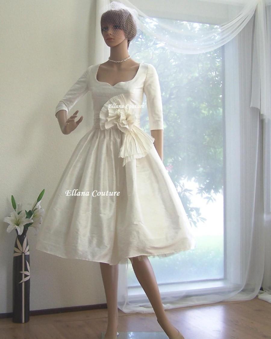 Wedding - Marianne - Vintage Inspired Wedding Dress with 3/4 sleeves. Tea Length. Gorgeous Dupioni SILK.
