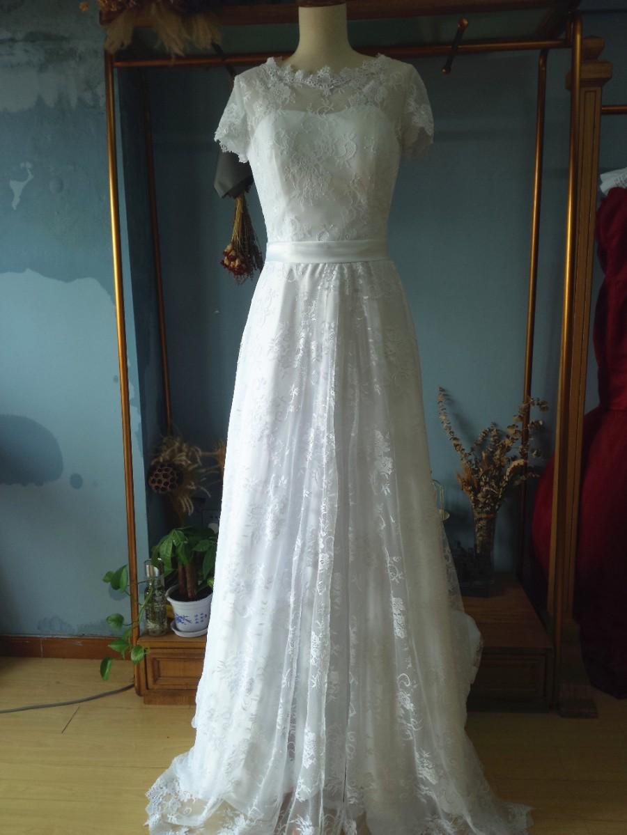Mariage - Aliexpress.com : Buy O Neck Floor Length Court Train Short Sleeves A line Wedding Dresses with Sash Belt from Reliable wedding dress patterns plus size suppliers on Gama Wedding Dress