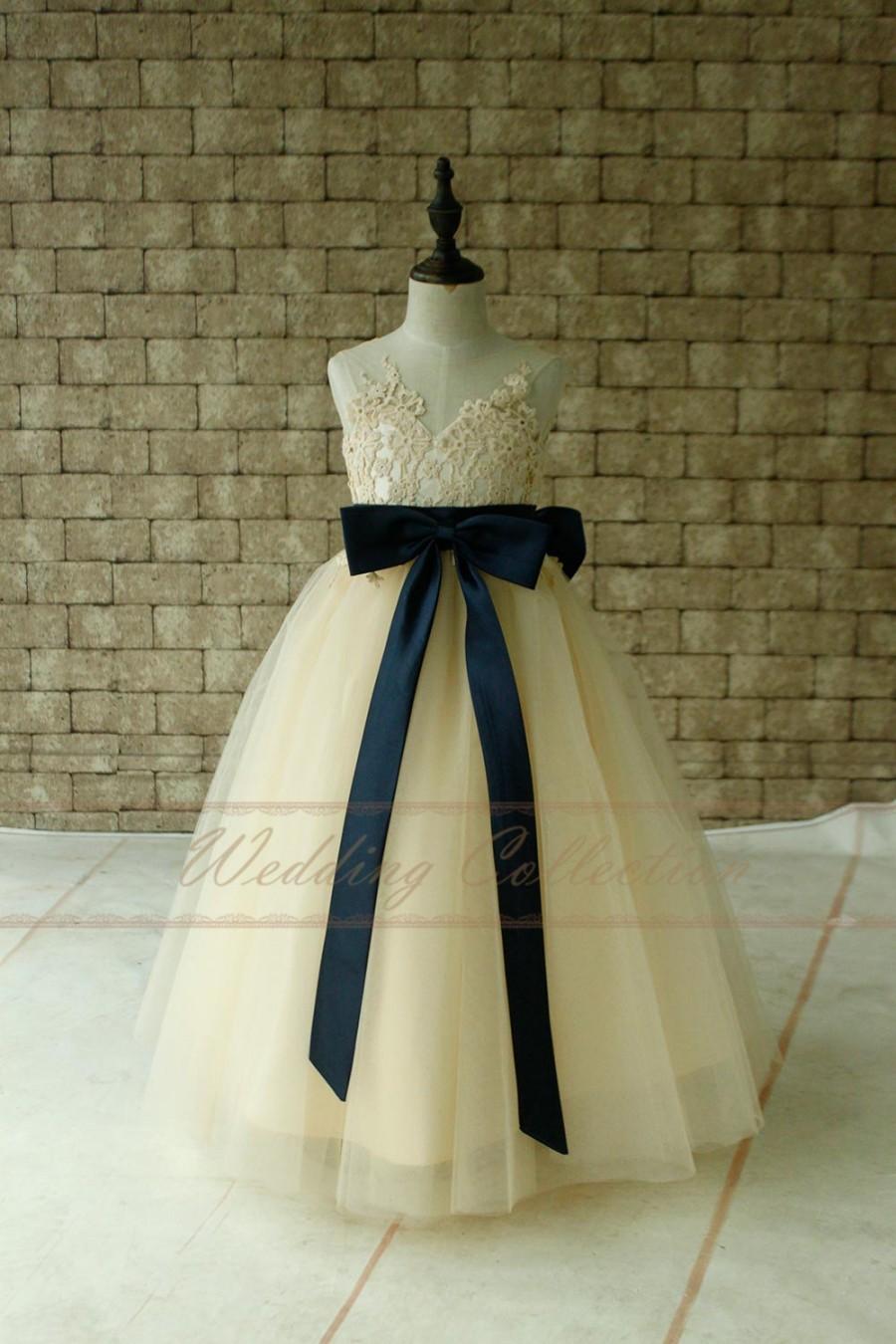 Wedding - Champagne Lace Flower Girl Dress Floor Length with Navy Blue Sash and Bow