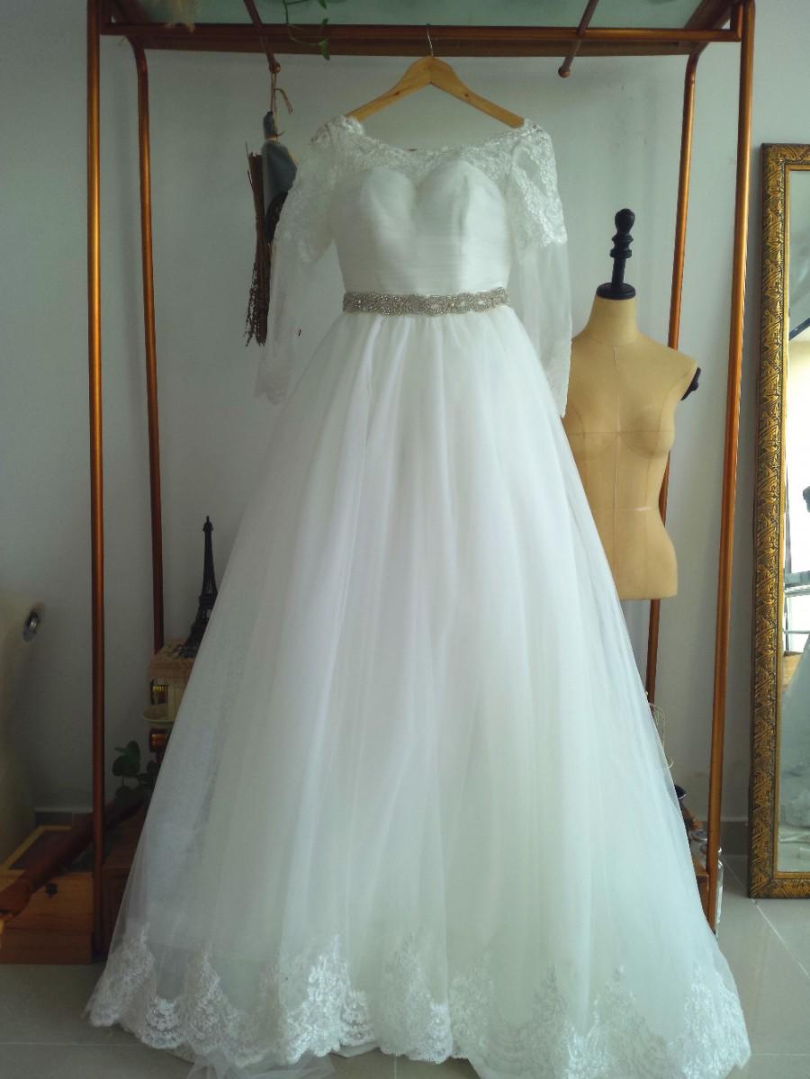 Wedding - Aliexpress.com : Buy A line/Princess Floor Length Full Sleeves White Tulle Wedding Dress with Beaded Sash from Reliable wedding dresses short girls suppliers on Gama Wedding Dress