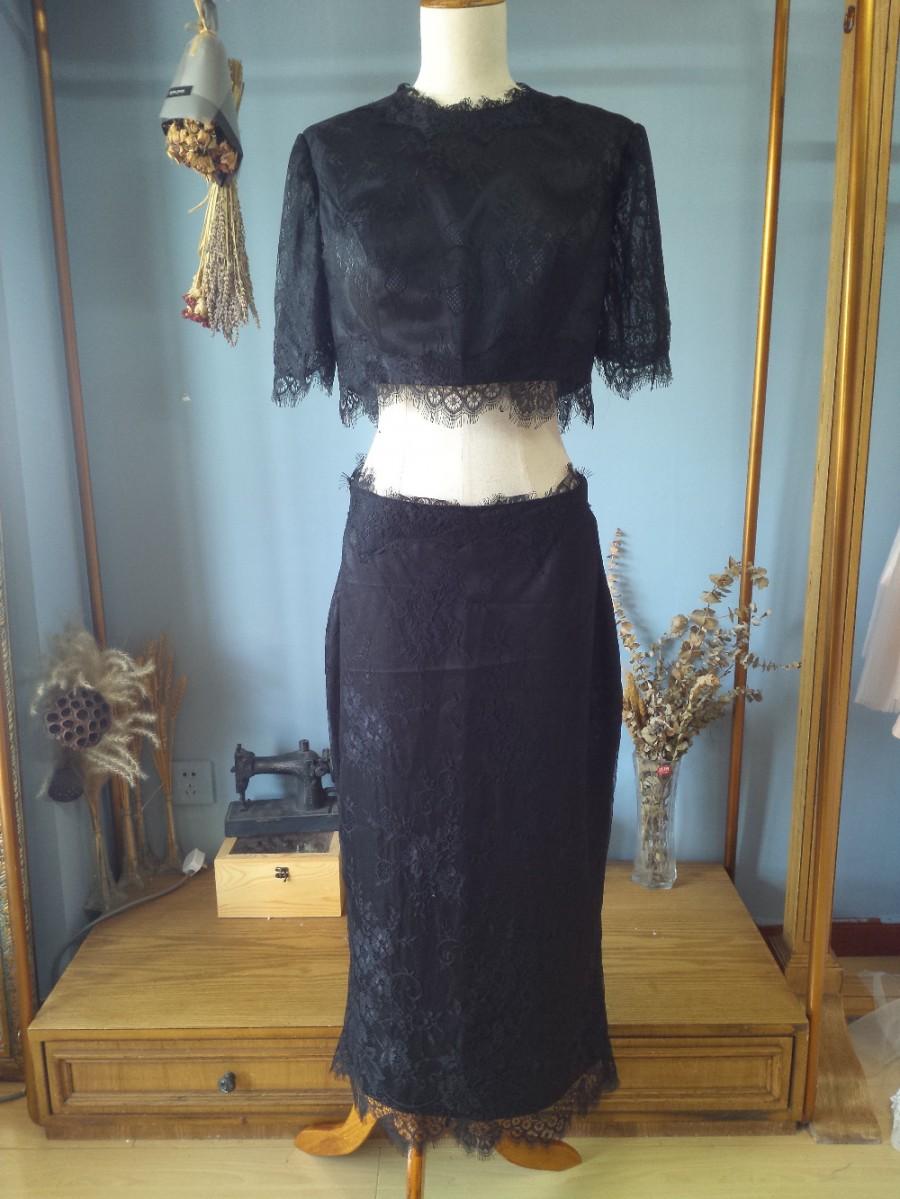 زفاف - Aliexpress.com : Buy Half Sleeves Tea Length Black 2 Pieces Prom Dresses with Back Split from Reliable 2 piece prom suppliers on Gama Wedding Dress