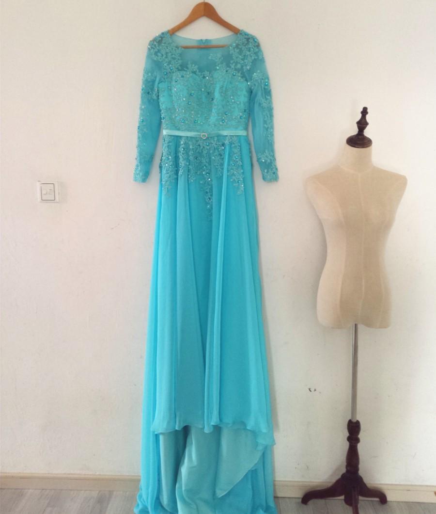 Mariage - Aliexpress.com : Buy Scoop Neck A line/Princess Floor Length Long Sleeves Light Blue Chiffon Evening Dresses Formal Occasion Gowns from Reliable gown party dress suppliers on Gama Wedding Dress