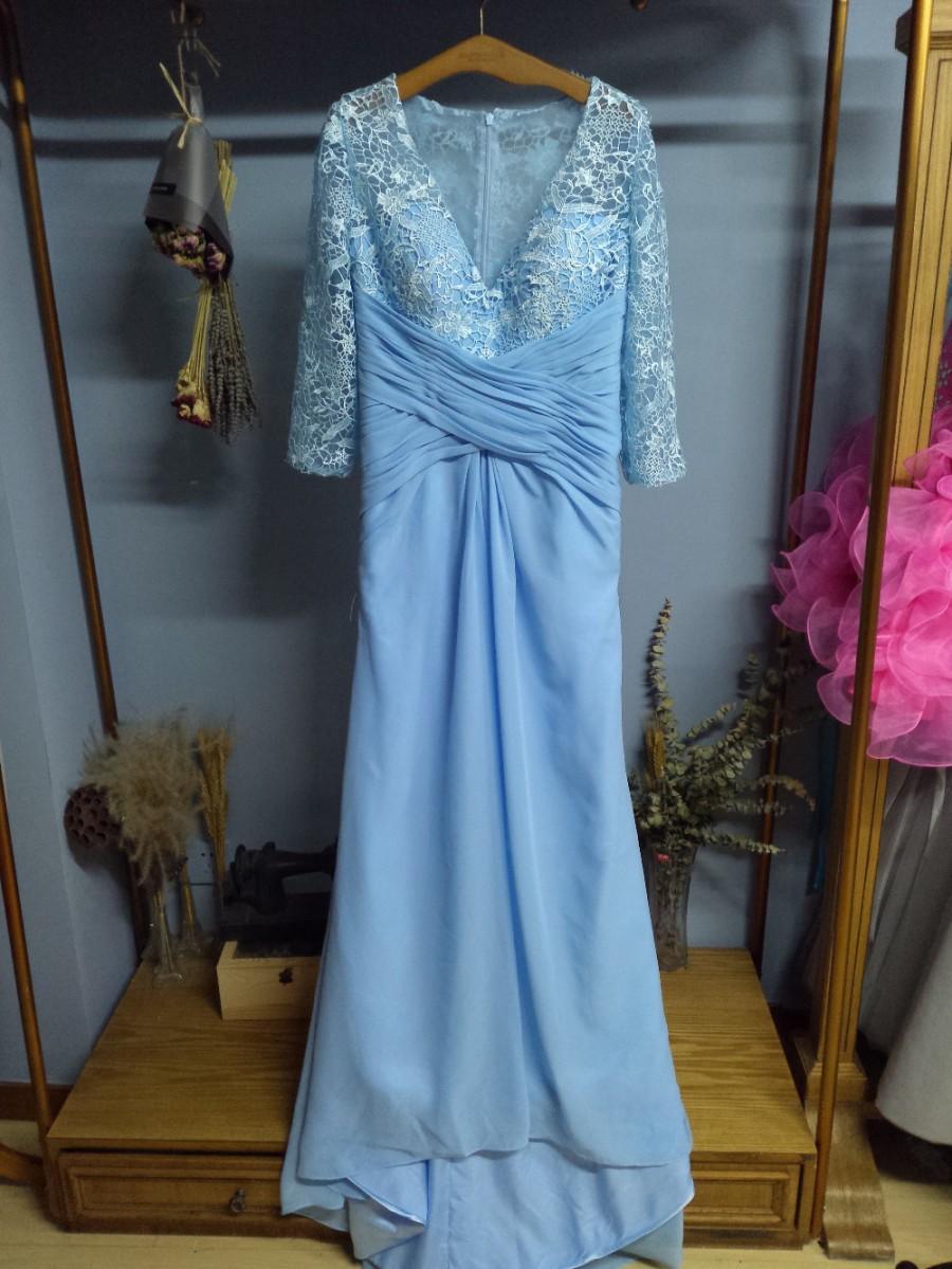 زفاف - Aliexpress.com : Buy 3/4 Sleeves V Neck Floor Length Chiffon and Lace Light Blue Evening Gown Formal Occasion Dress from Reliable dress suspenders for men suppliers on Gama Wedding Dress