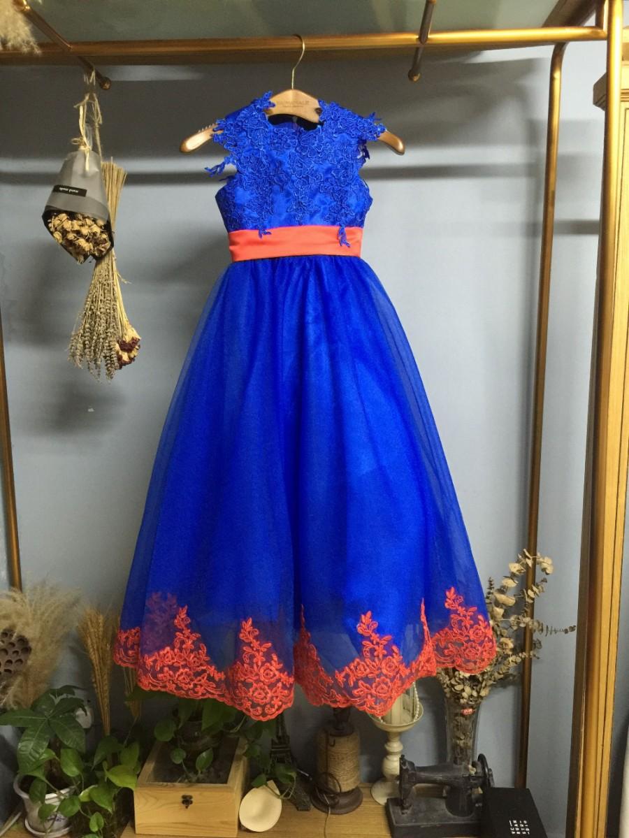 زفاف - Aliexpress.com : Buy O Neck Blue Flower Girl Dress with Red Lace Trim Pageant Dress from Reliable girl lace dress suppliers on Gama Wedding Dress