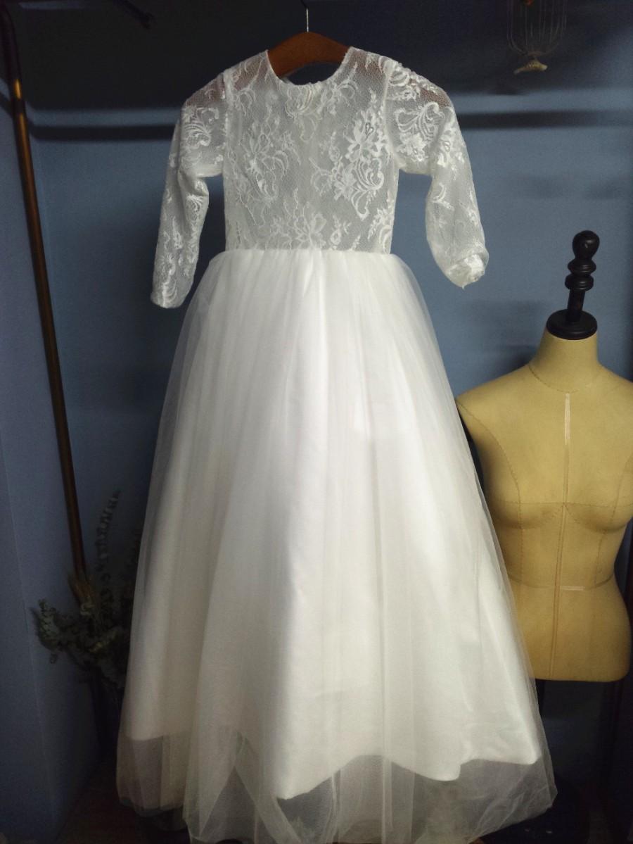 Wedding - Aliexpress.com : Buy O Neck 3 Quarters Lace Sleeves Floor Length White Tulle Junior Bridesmaid Dress Flower Girl Dress from Reliable dresses pictures suppliers on Gama Wedding Dress