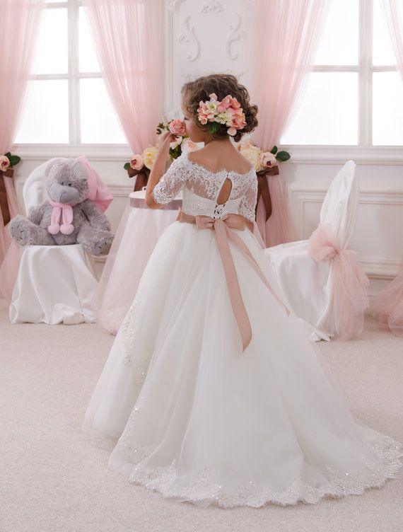 Свадьба - Ivory Lace Flower Girl Dress - Birthday Wedding Party Holiday Bridesmaid Flower Girl Ivory Tulle Lace Flower Girl Dress