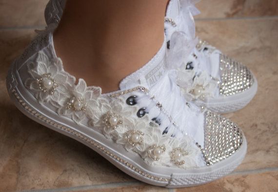 Wedding - Wedding Converse Trainers With Crystals, Lace & Pearls. Wedding Trainers, Wedding Converse, Bridal Converse,wedding Tennis Shoes