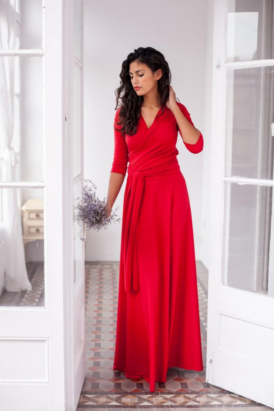 Mariage - Long red dress, long wrap dress, red 3/4 sleeve gown, red long sleeve maxi dress, convertible wrap dress, red long dress, red evening dress