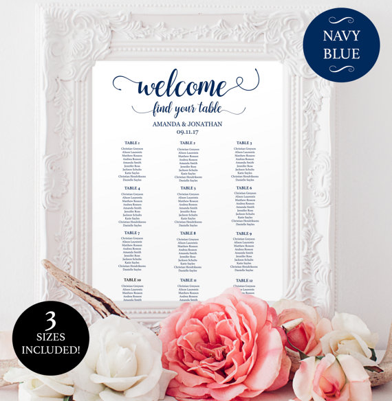 Hochzeit - Printable wedding seating chart for reception - Reception Seating Chart - Downloadable Navy & White wedding seating chart - 