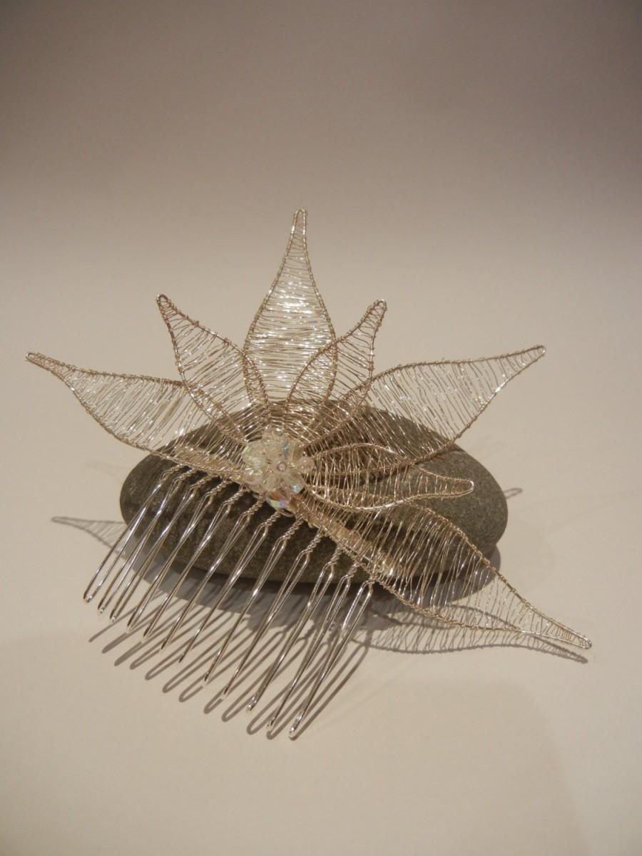 زفاف - Silver Wire Work Flower, Bridal Hair comb, Bridal Head piece. AB crystal.