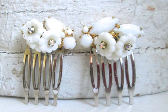 Hochzeit - Wedding Hair Combs Hairpins Vintage White Milk Glass Jewelry Flower Clips Bridal Hairpiece