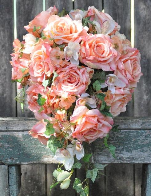 Wedding - Wedding Bouquet, Keepsake Bouquet, Bridal Bouquet Coral rose, Orchid and peach blossom cascade Wedding Bouquet made of silk flowers.