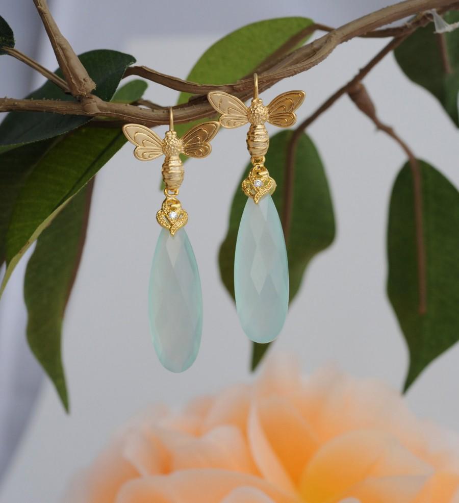 Hochzeit - Bee Dangle Earrings Blue Chalcedony Earrings Crystal Earrings Stone Drop Earrings Insect Earrings Teardrop Earrings Shine Earrings. FJ