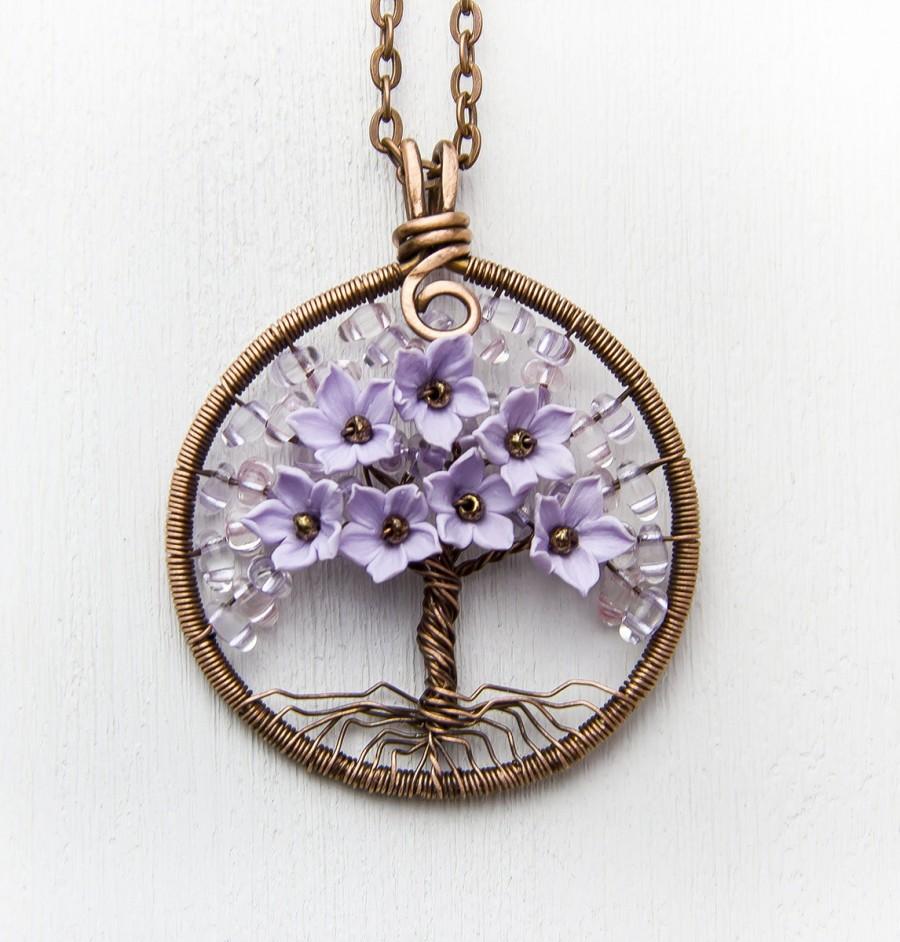 Wedding - Tree-Of-Life Necklace 1.6" Copper Wire Wrapped Pendant Brown Wired Copper Jewelry Wire Wrapped ModernTree Chips Lilac flowers  Rustic